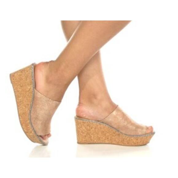 Johnston And Murphy NEW Jade Metallic Suede Cork Wedge Heel Slip On Sandal 7M - Picture 1 of 12